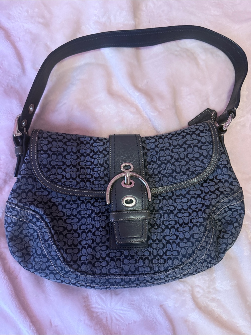 Coach Navy Signature Canvas Shoulder Bag with Leather Trim